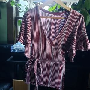 Free People maroon striped wrap tie blouse